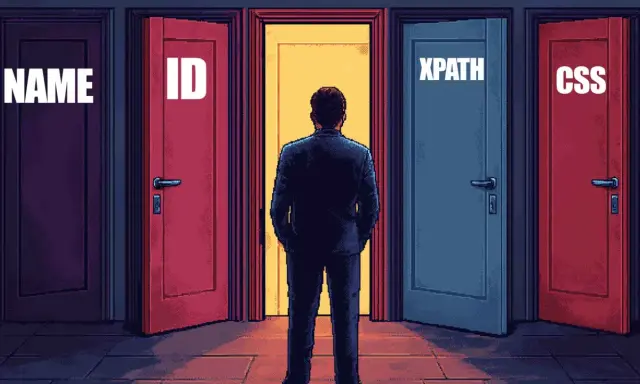 Mężczyzna stoi przed drzwiami: NAME, ID, CSS i **xpath**. Którą ścieżkę wybierze?