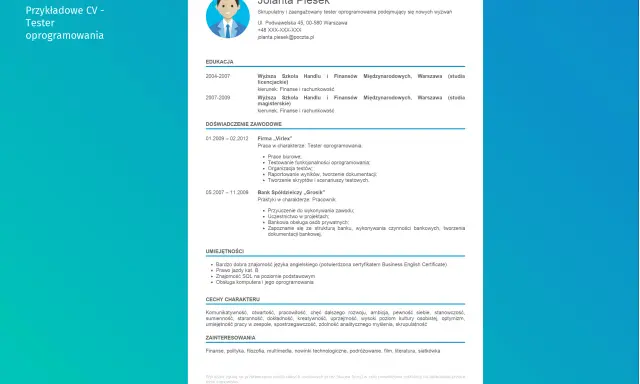 CV tester oprogramowania: Jolanta Piesek, skrupulatny tester oprogramowania, z doświadczeniem w testowaniu funkcjonalności i tworzeniu scenariuszy.