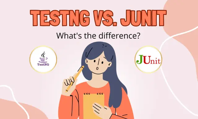 Ilustracja porównująca TestNG i JUnit, z dziewczyną trzymającą ołówek i notatnik.