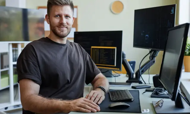 Uśmiechnięty qa engineer siedzi przy biurku z wieloma monitorami, gotowy do testowania oprogramowania.