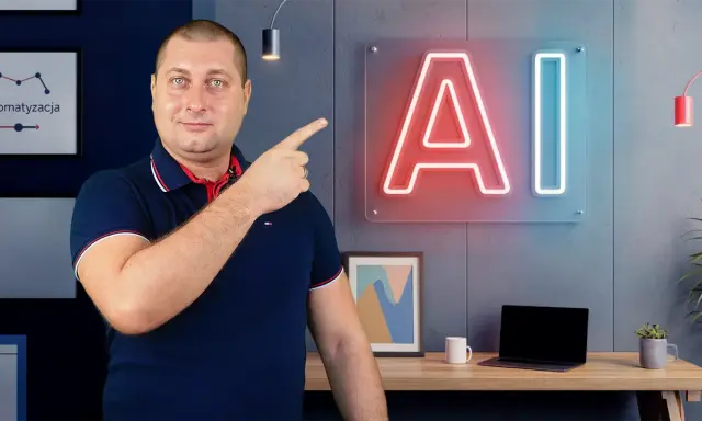Mężczyzna wskazuje na neonowe logo AI, sugerując rozpoczęcie kursu QA z naciskiem na sztuczną inteligencję.