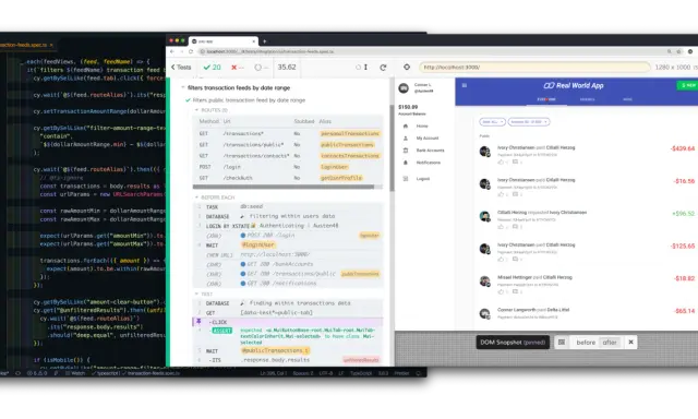 Testy aplikacji "Real World App" pokazują **cypress real events** w kodzie i interfejsie, filtrując transakcje po dacie i kwocie.