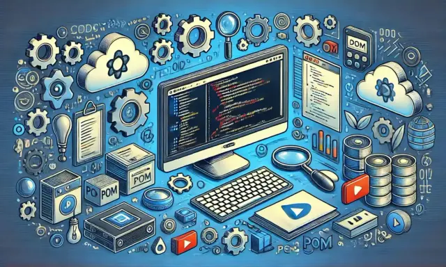 Narzędzia programistyczne, chmury, kod na ekranie i ikony symbolizujące page object pattern.