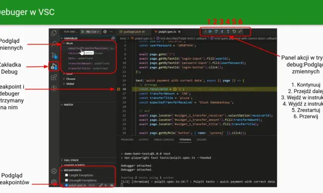 Debugger w VS Code. Widok zmiennych, zakładka Debug, breakpoint i kod testu. Test script w trakcie wykonywania.