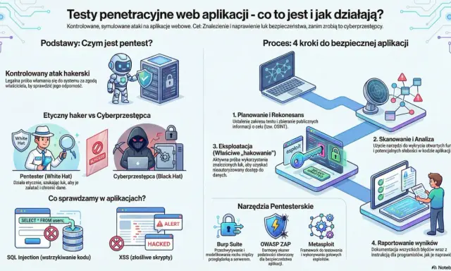 Ilustracja przedstawia proces web testing, czyli etapy pentestu: planowanie, skanowanie, eksploatację i raportowanie, z użyciem narzędzi jak Burp Suite.