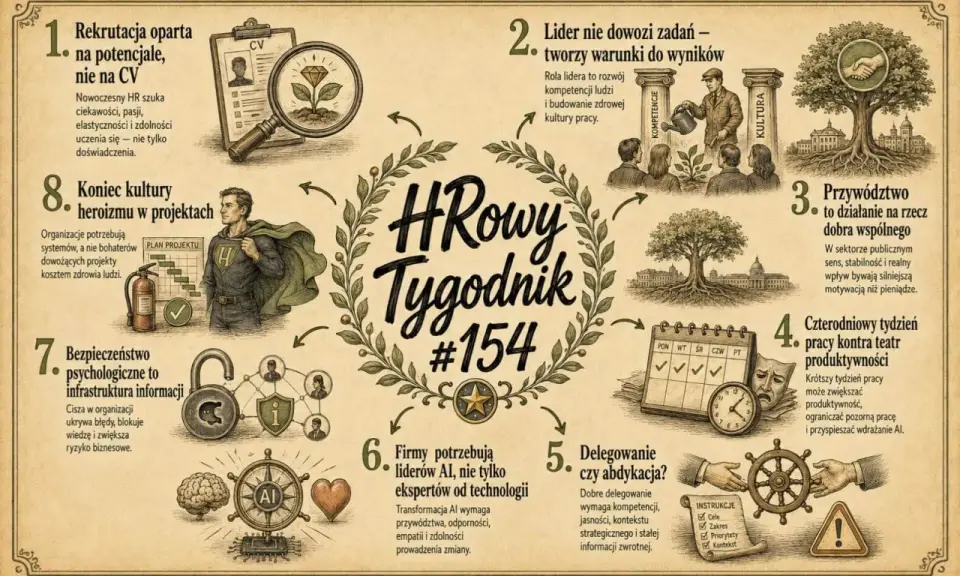 Grafika z HR-owym tygodnikiem #154. Lista tematów: rekrutacja na potencjał, lider tworzy warunki, przywództwo dla dobra wspólnego, 4-dniowy tydzień pracy, delegowanie, liderzy AI, bezpieczeństwo psychologiczne, koniec kultury heroizmu.