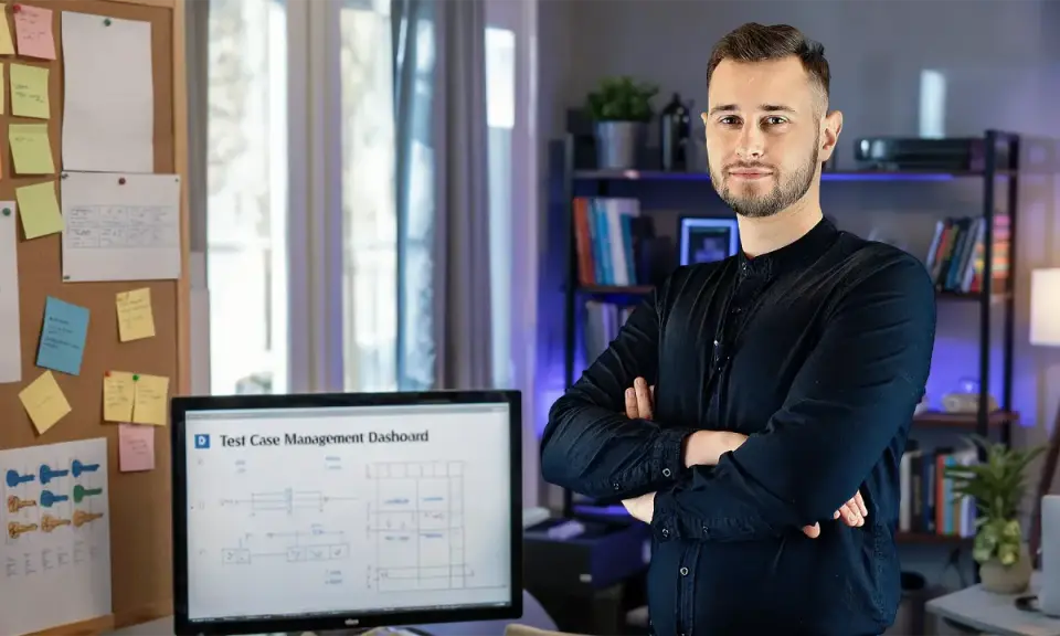 Mężczyzna w czarnej koszuli stoi obok biurka z monitorem wyświetlającym dashboard zarządzania testami. Tablica z notatkami i schematami podkreśla jego zaangażowanie w **quality engineering**.