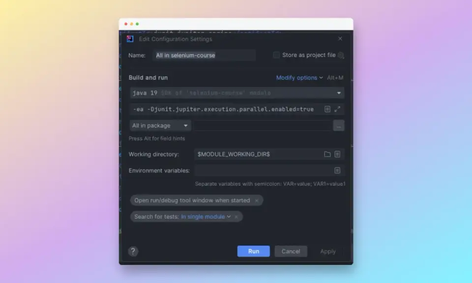 Ustawienia konfiguracji dla kursu Sellenium. Nazwa: "All in selenium-course". Uruchomienie testów.