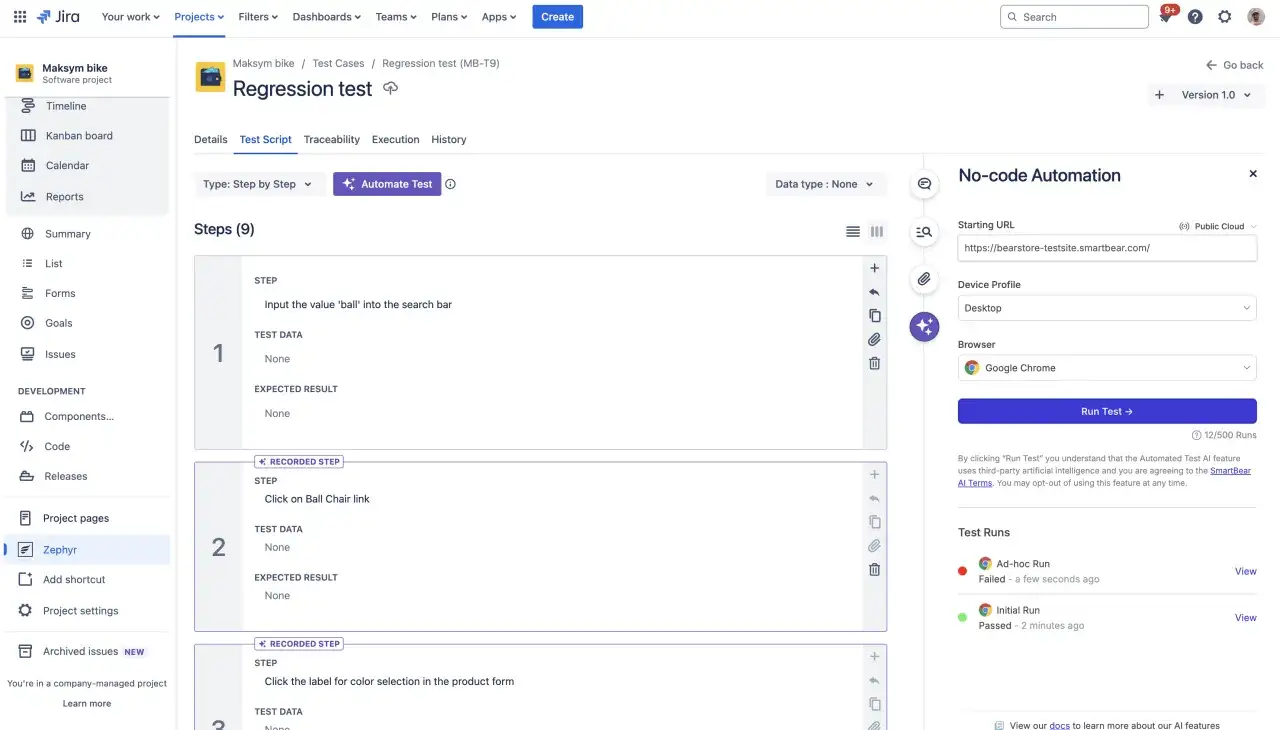 Zephyr w Jira: tworzenie skryptu testowego dla regresji, z opcją automatyzacji.