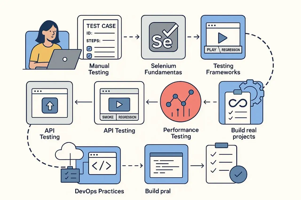 Schemat ścieżki nauki: od testów manualnych, przez Selenium, frameworki, testy API, wydajnościowe, DevOps, po budowanie projektów. Idealny dla przyszłego testera automatyzującego kurs.