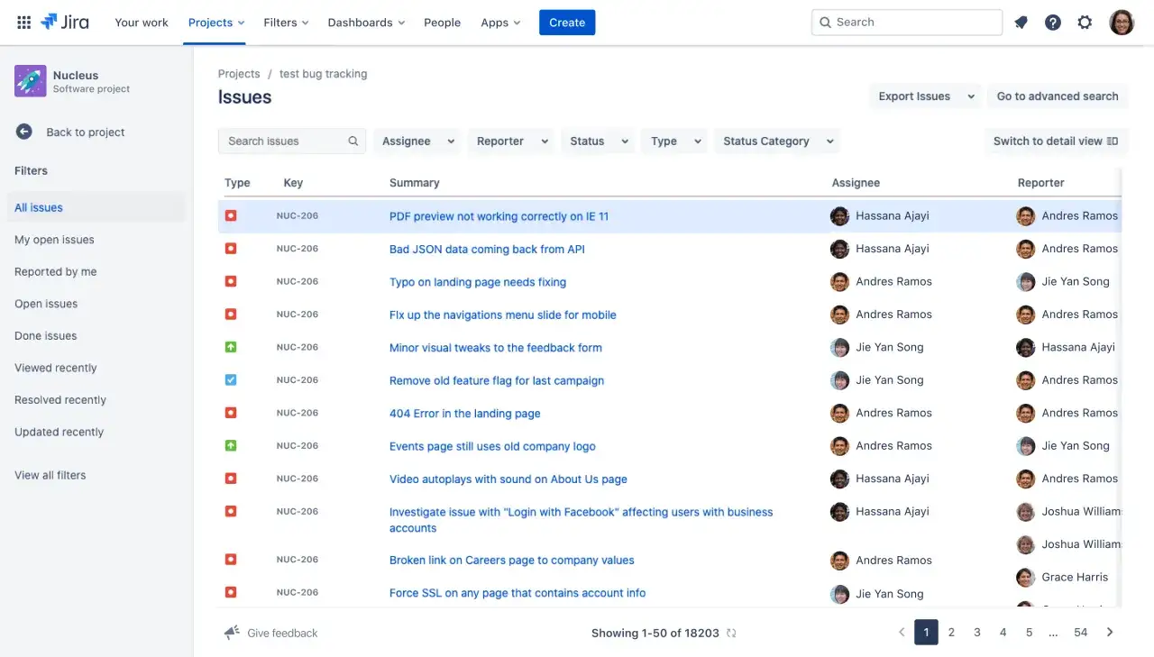 Przykładowy bug report w Jira: lista zgłoszonych błęd&oacute;w, takich jak 