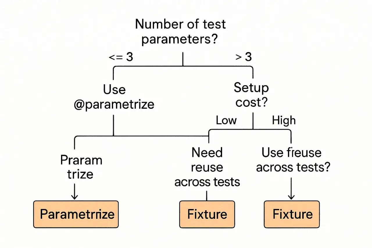 Diagram decyduje, kiedy użyć pytest parametrize, a kiedy fixture. Gdy parametrów jest mało, stosujemy @parametrize. Przy większej liczbie parametrów i niskim koszcie setupu, rozważamy fixture.