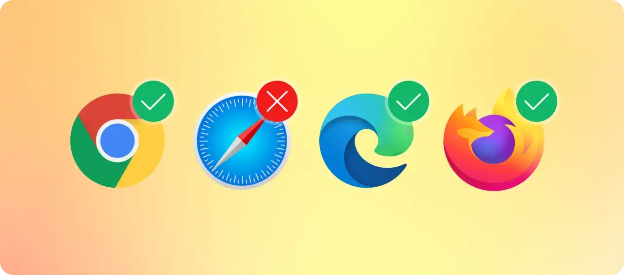 Ikony przeglądarek Chrome, Edge i Firefox z zielonymi znacznikami, Safari z czerwonym krzyżykiem. Testowanie kompatybilności zakończone sukcesem dla większości.