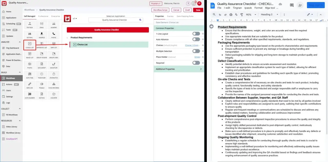 Wybór listy elementów do ocena jakościowa w formularzu kontrolnym.