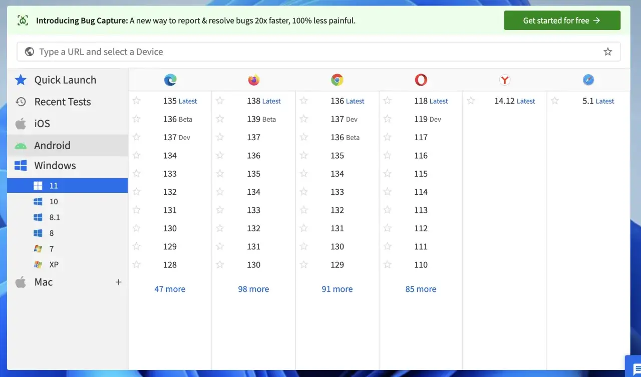 Interfejs do testowania stron na różnych przeglądarkach i systemach. Widoczny jest wybór Windows 11 w ramach browser stack.