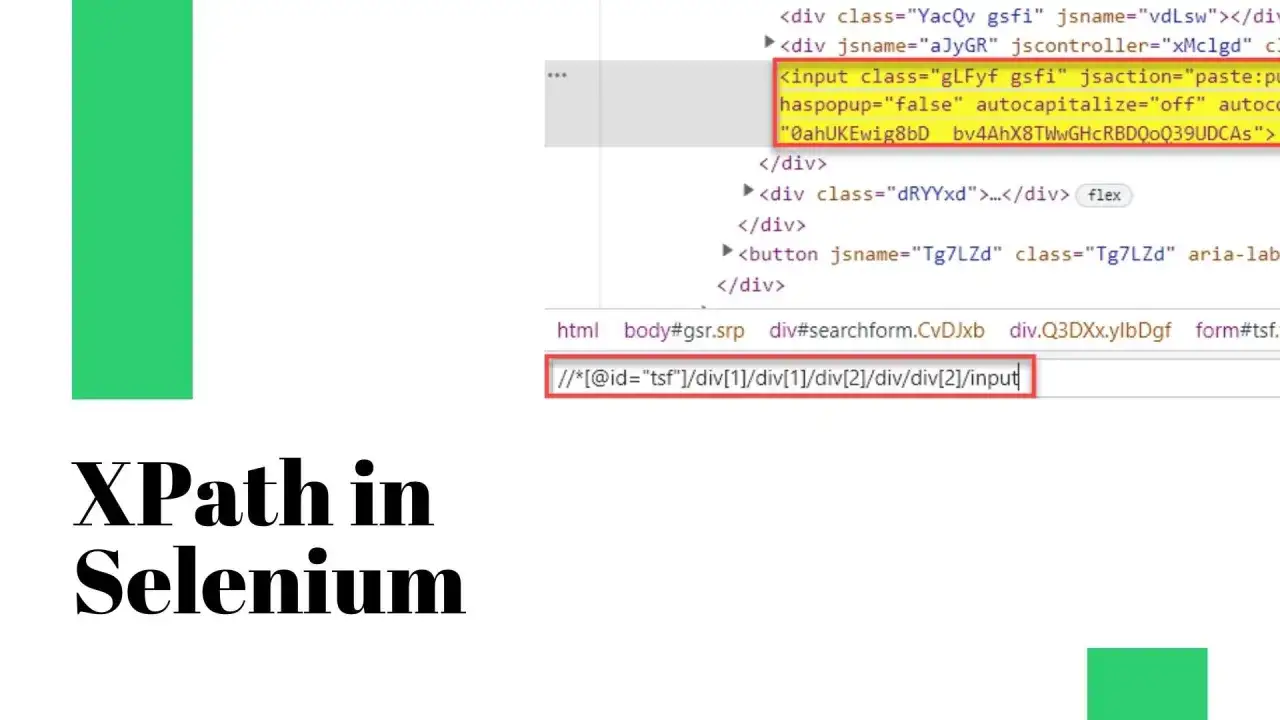 Fragment kodu HTML z atrybutem class, pokazujący ścieżkę XPath do elementu input w Selenium.