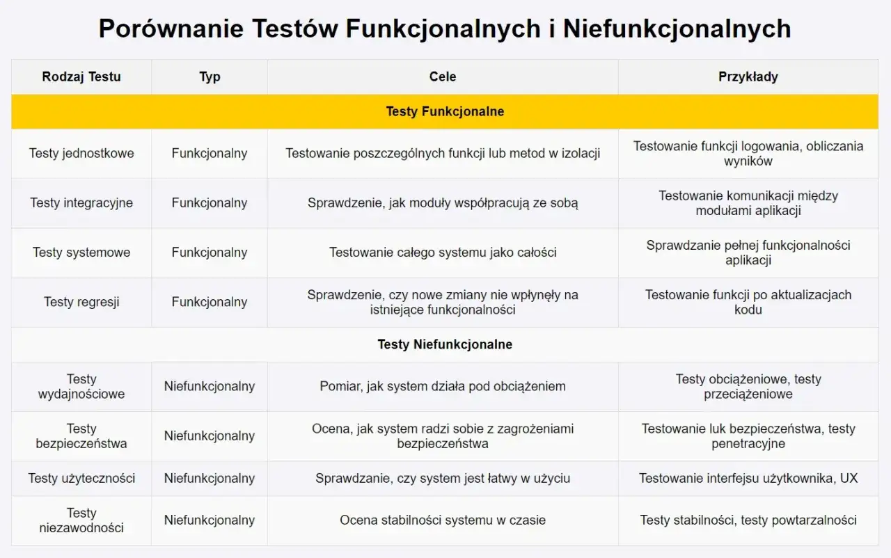 Tabela porównująca testy funkcjonalne i niefunkcjonalne. Różnice między test plan a test strategy w praktyce.