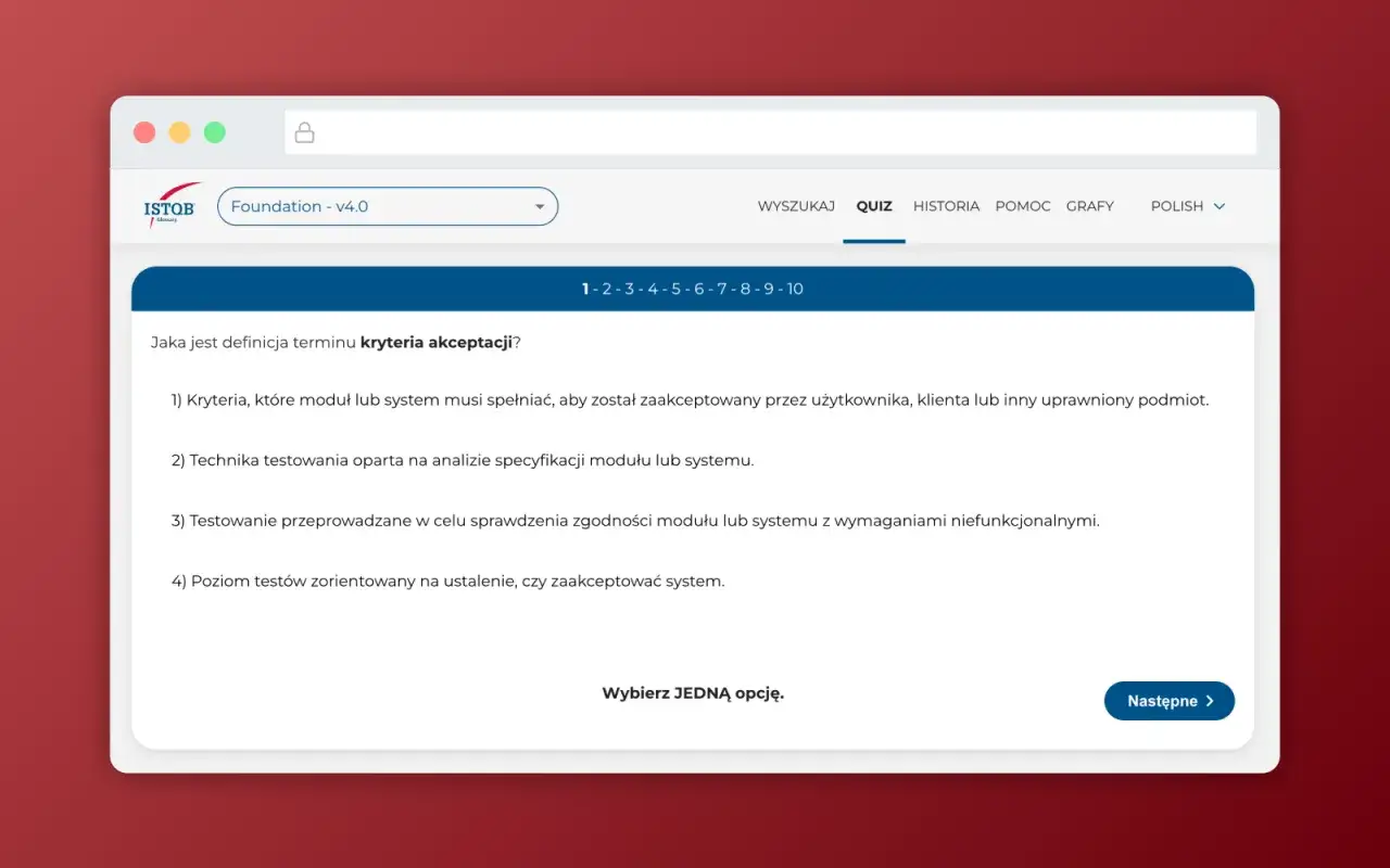 Quiz ISTQB Foundation: pytanie o definicję kryteriów akceptacji. Wybierz poprawną odpowiedź.