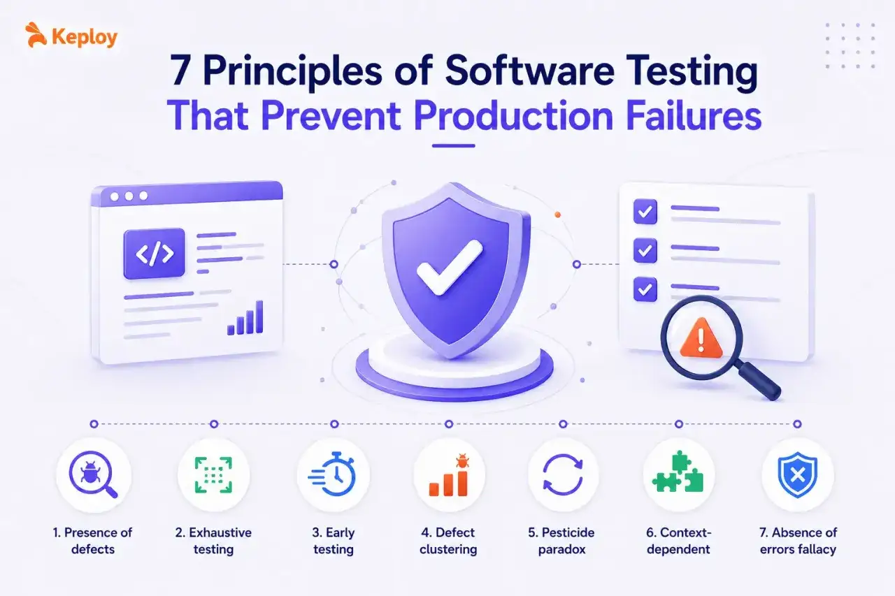 7 zasad testowania oprogramowania, w tym negative testing, zapobiegających awariom produkcji. Ikony ilustrują zasady.