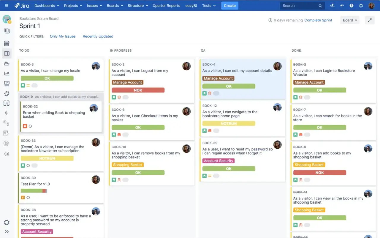 Tablica Scrum Jira z zadaniami do wykonania, w trakcie, do sprawdzenia i zakończonymi. Xray co to? To system zarządzania testami.