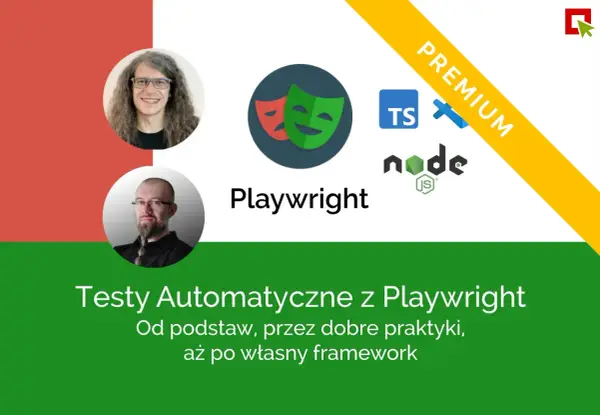 Dwie okrągłe podobizny mężczyzn, logo Playwright, ikony TS, Node.js i baner "PREMIUM".