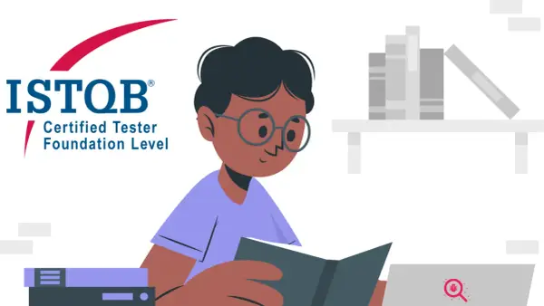 Chłopiec w okularach czyta książkę, przygotowując się do egzaminu ISTQB Certified Tester Foundation Level.