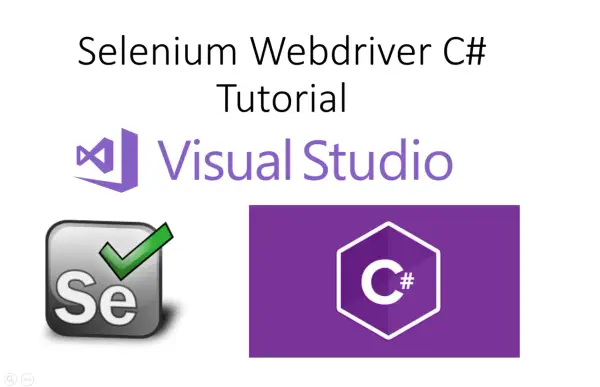 Selenium WebDriver C# Tutorial z logo Visual Studio i ikonami Selenium oraz C#.
