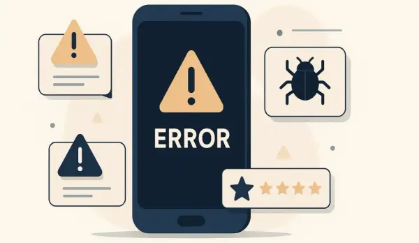 Telefon z napisem ERROR, ikony błędów, robaka i ocen. Ilustracja symbolizuje testy niefunkcjonalne aplikacji.