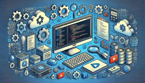 Narzędzia programistyczne, chmury, kod na ekranie i ikony symbolizujące page object pattern.