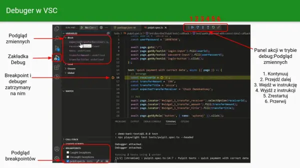 Debugger w VS Code. Widok zmiennych, zakładka Debug, breakpoint i kod testu. Test script w trakcie wykonywania.